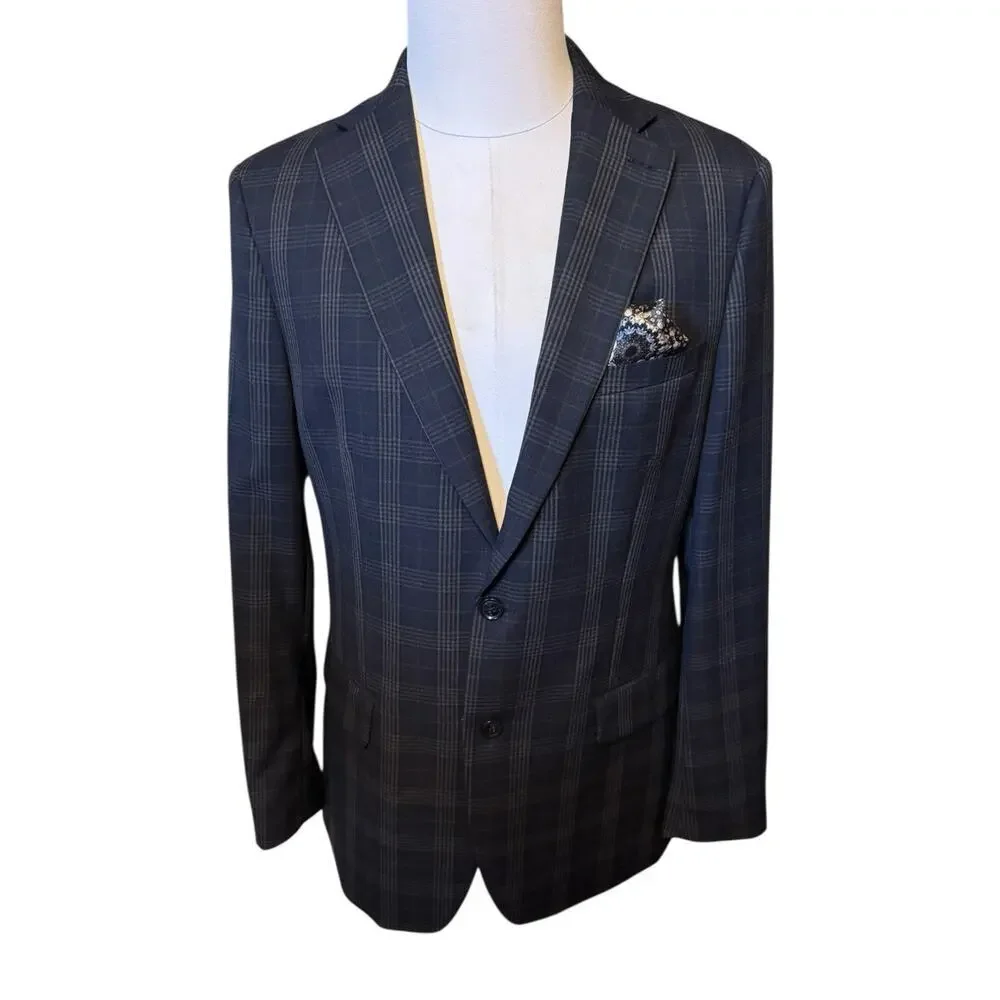 Tallia Classic Fit Suit Jacket Blazer 42L Navy Blue Multiplaid Sport Coat